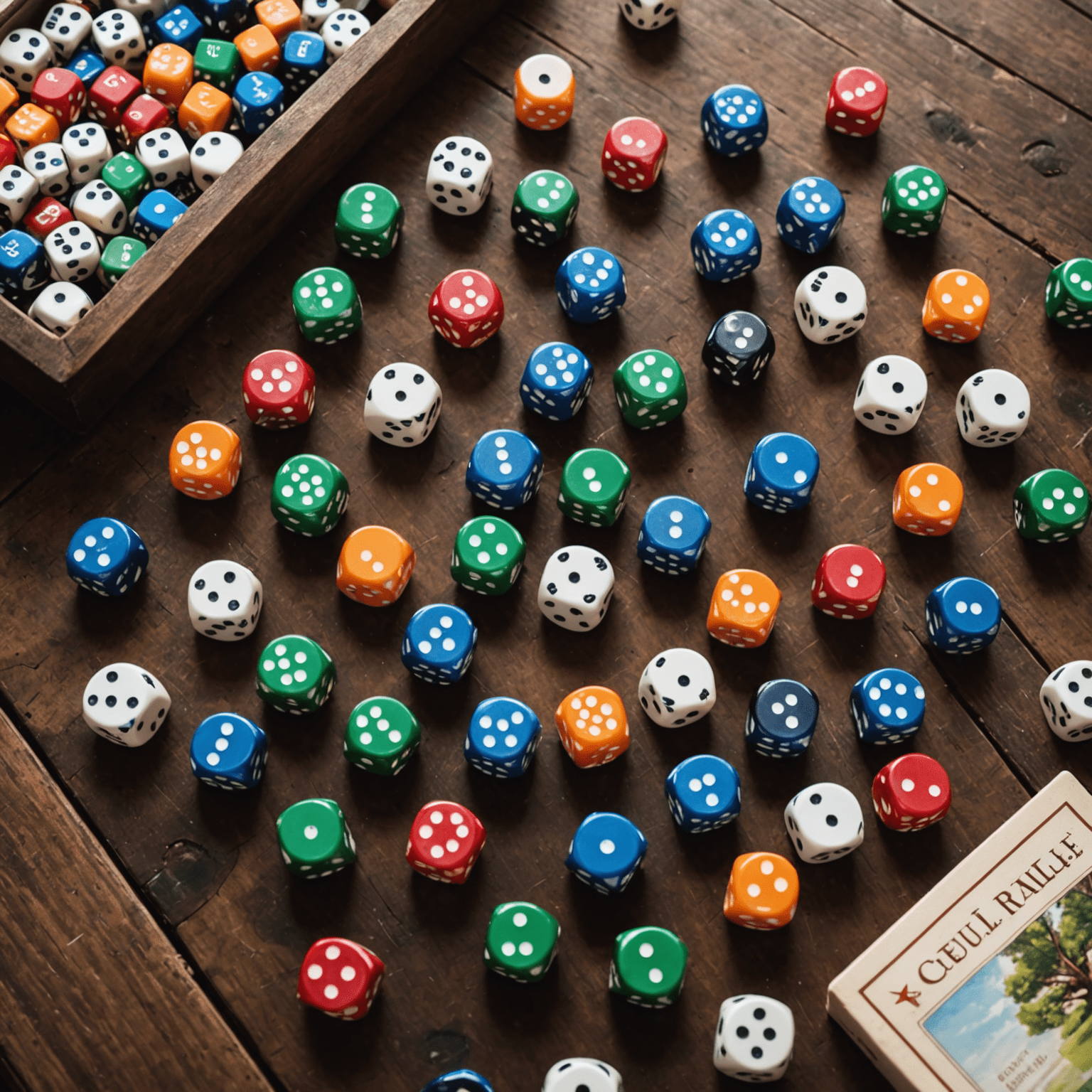 A collection of colorful dice and board game pieces scattered across a wooden table, representing the variety of games reviewed on Quill