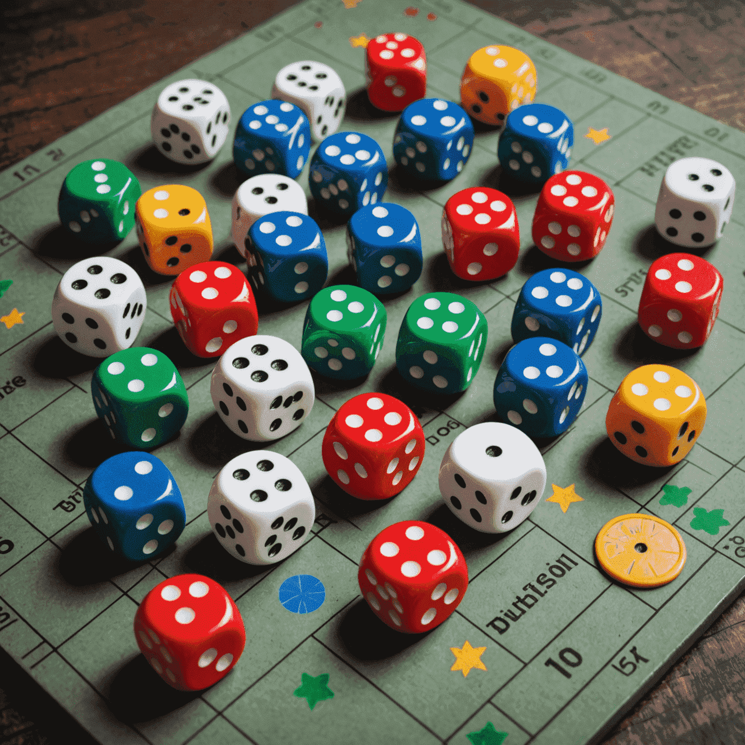 Various colorful dice scattered on a game board, representing the top 10 dice-rolling games of 2024