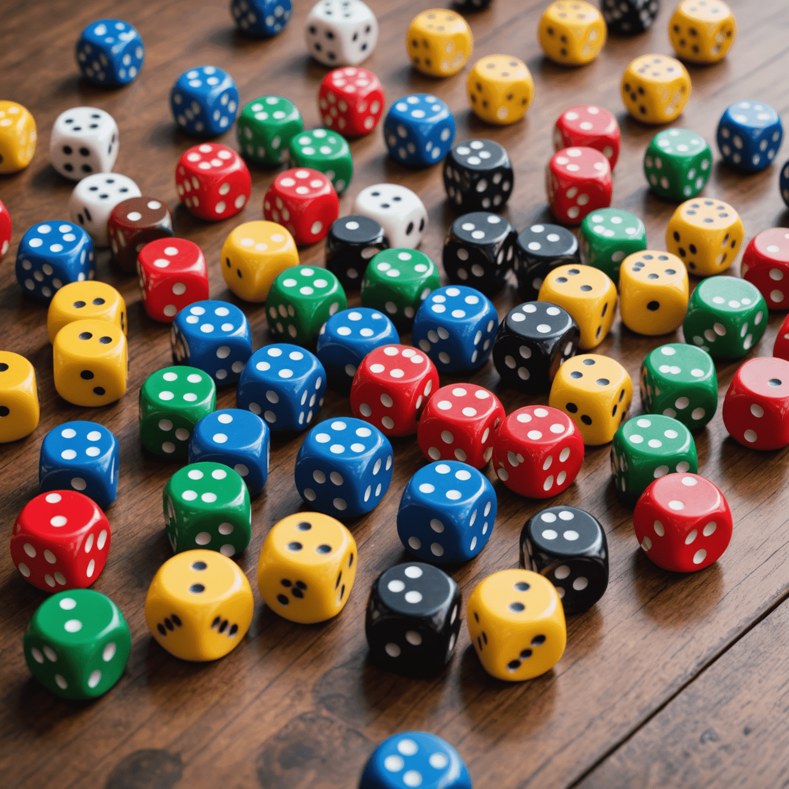 Various colorful dice scattered on a gaming table with new board games in the background