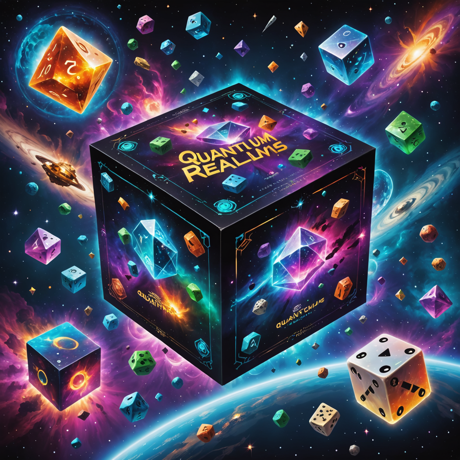 Quantum Realms game box showing a cosmic scene with dice floating in space, surrounded by colorful nebulae and strange alien symbols
