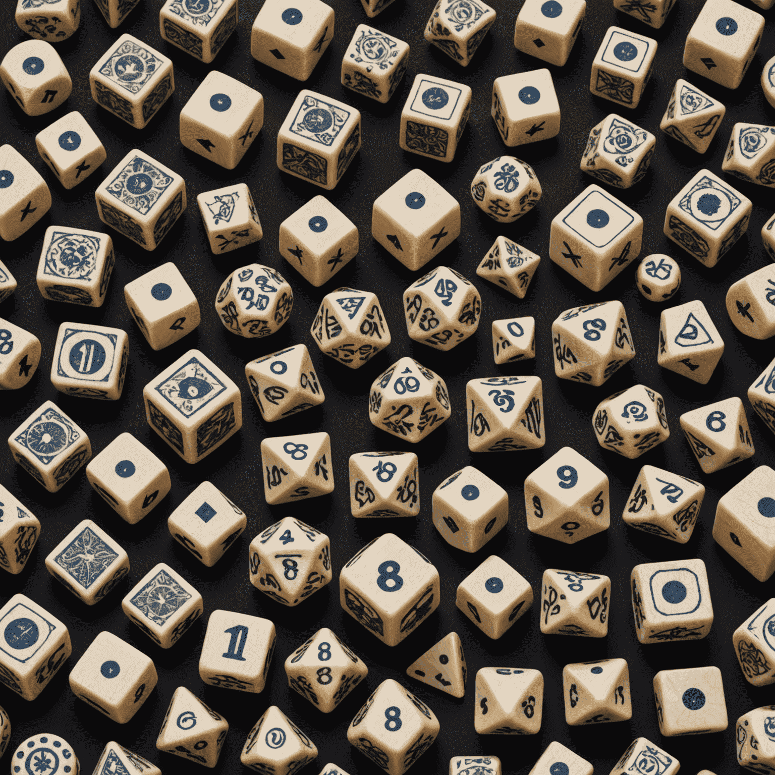A collection of ancient and modern dice, showcasing their evolution from bone and clay to plastic and digital forms. The image displays various shapes and sizes of dice used throughout history in board games.