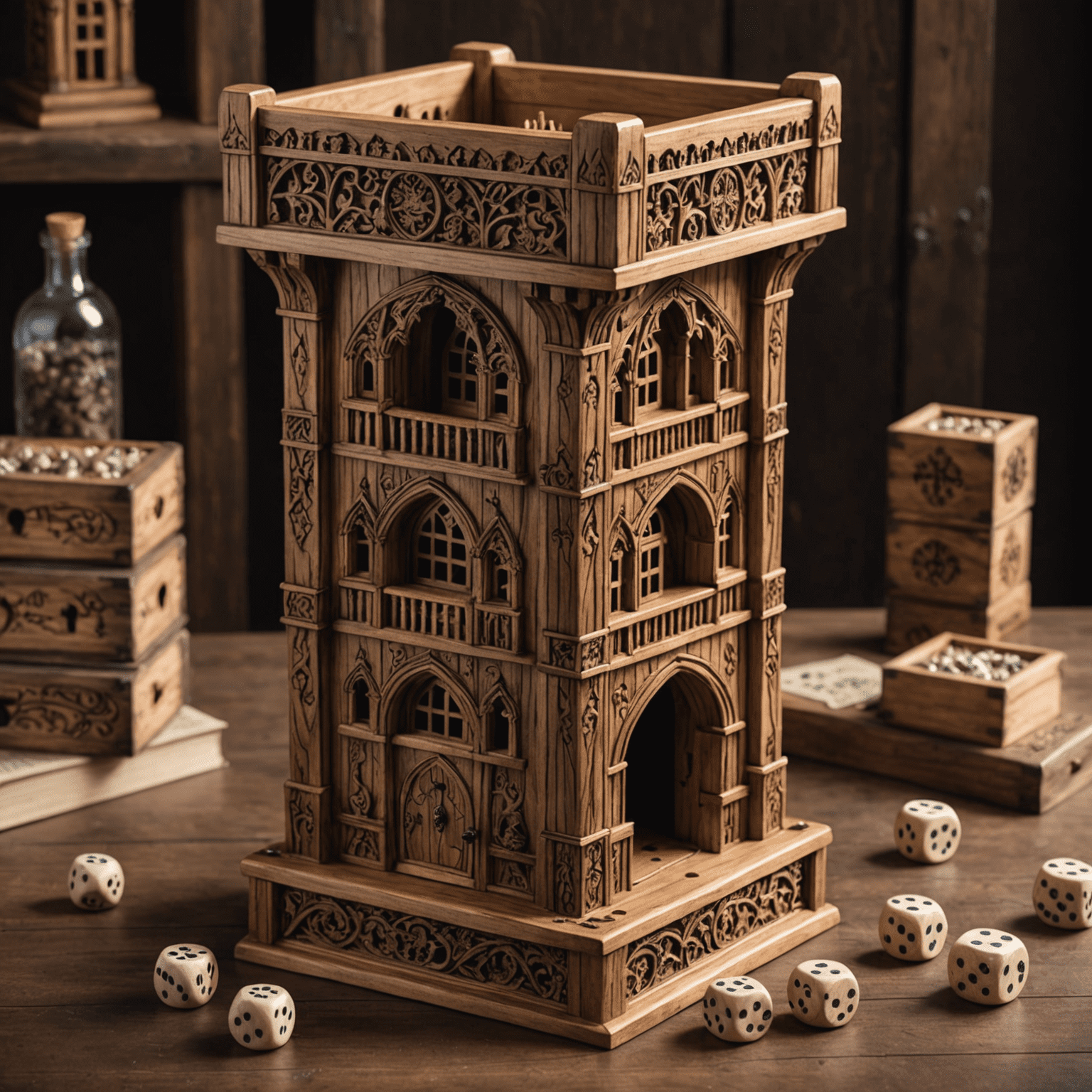A traditional wooden dice tower with intricate carvings of medieval castle designs, featuring multiple internal levels for dice to tumble through