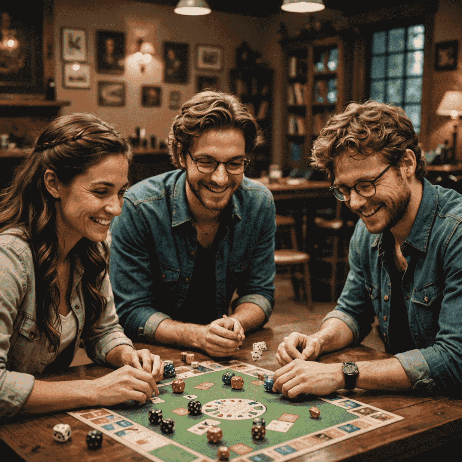 The Quill team sitting around a table, engaged in playing a dice-based board game, with smiles and focused expressions