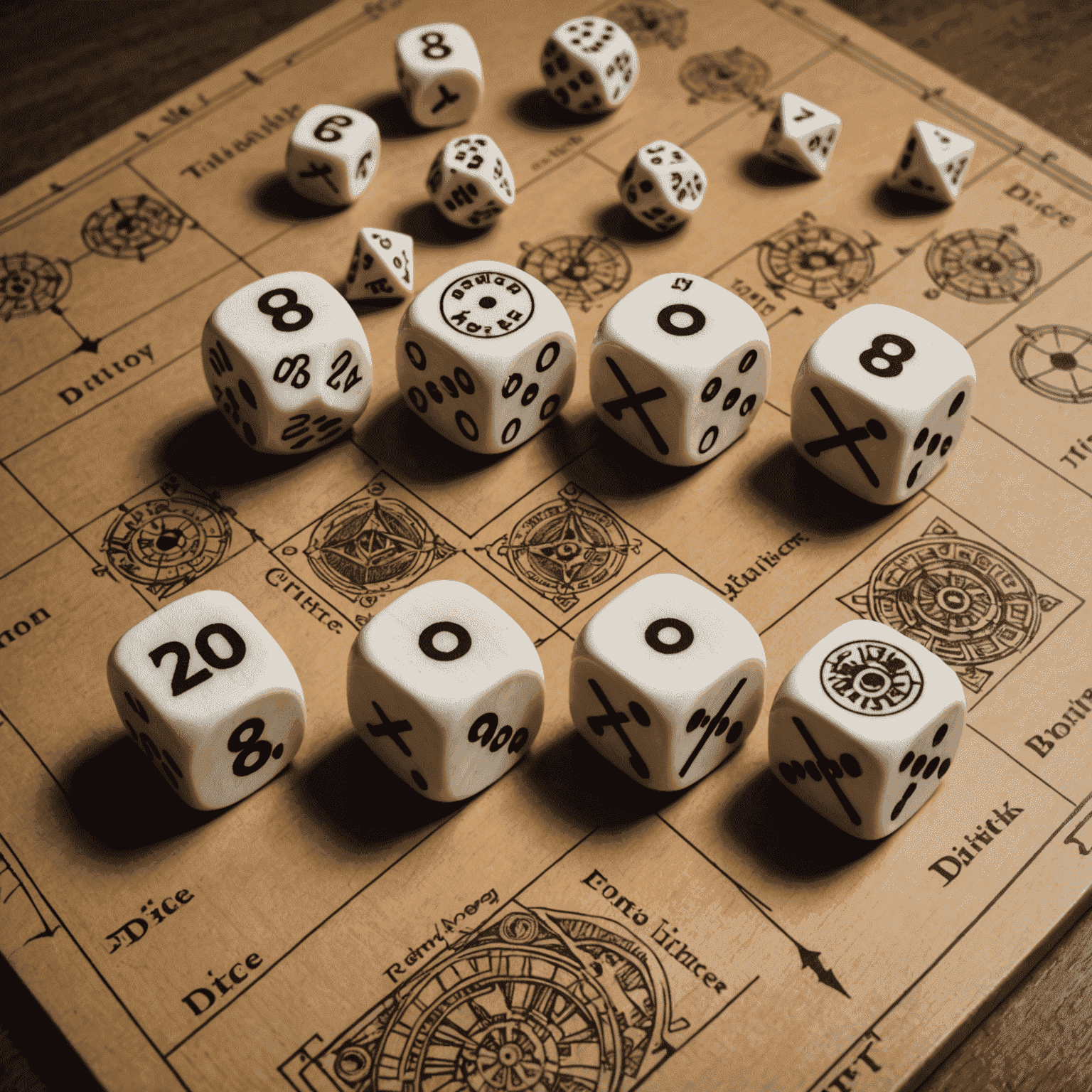 Timeline showing evolution of dice from ancient bone dice to modern polyhedral dice used in board games