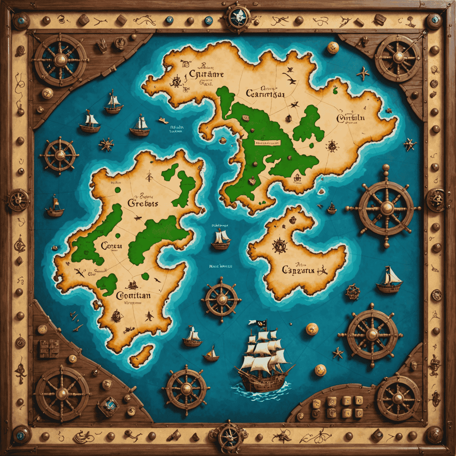 Pirate's Gambit game board depicting a detailed Caribbean map with ships, islands, and treasure chests. Custom dice with nautical symbols are prominently displayed