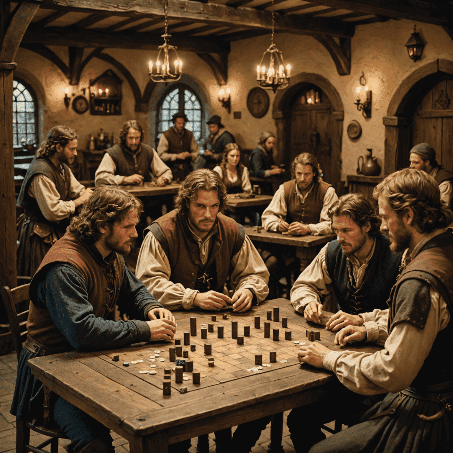 A medieval tavern scene with people playing dice games on wooden tables, surrounded by period-appropriate decor and costumes.
