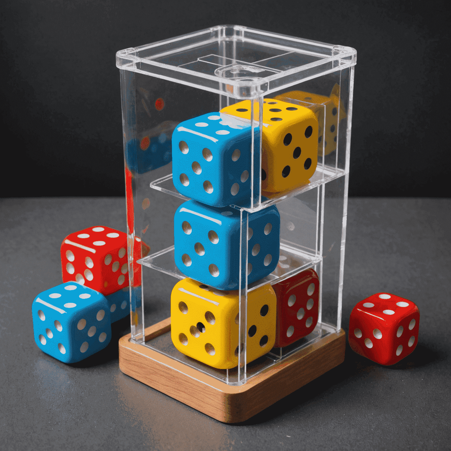 A colorful modular plastic dice tower that can be disassembled into separate pieces, with transparent sections allowing visibility of dice movement