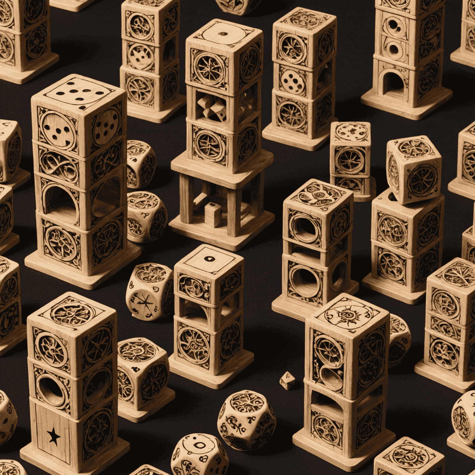 A collection of various dice towers, ranging from simple wooden designs to elaborate themed towers