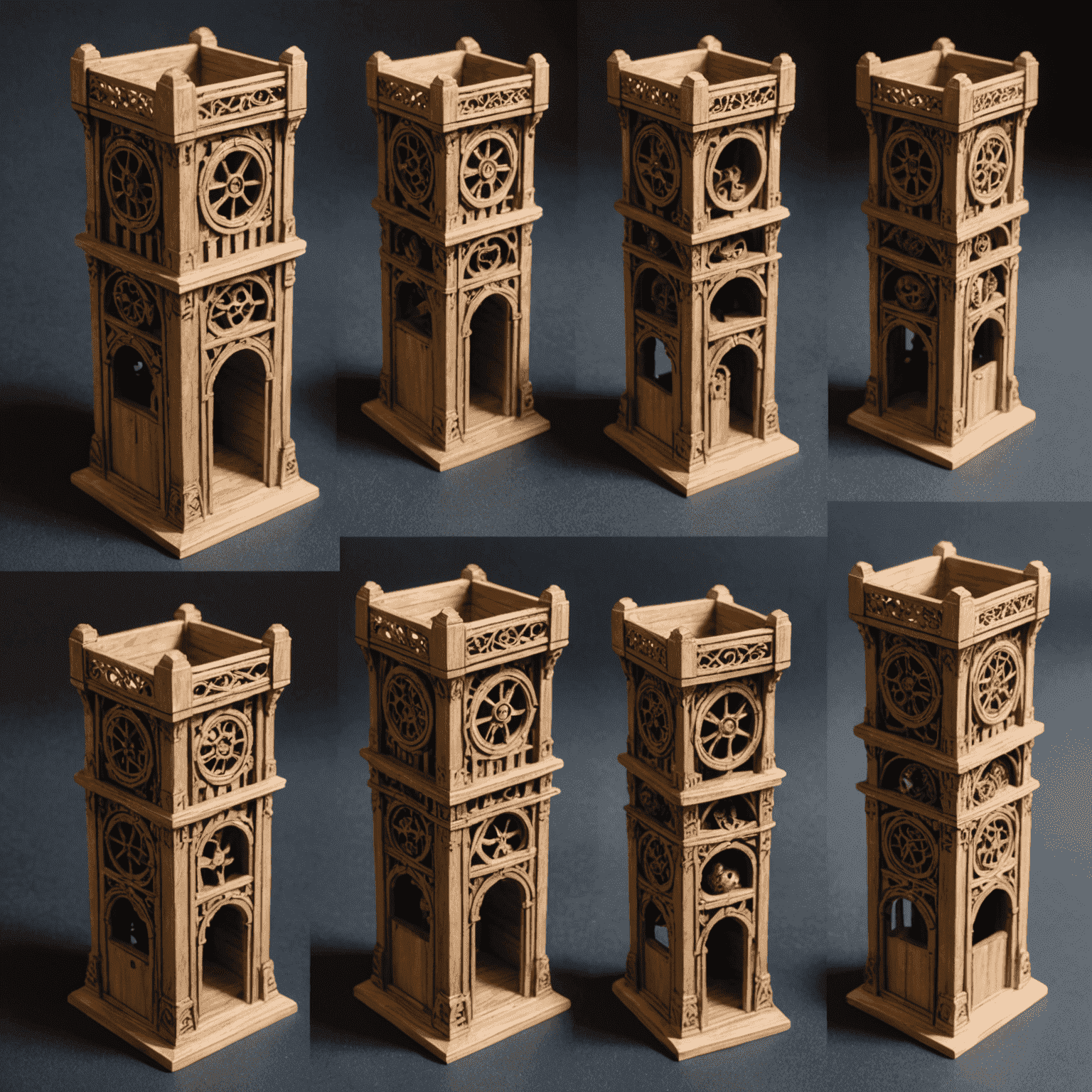 Various elaborate dice towers made of wood, plastic, and 3D printed materials, showcasing different designs and features