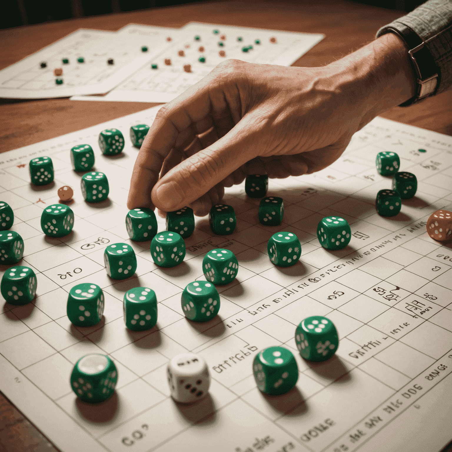 A player's hand rolling dice on a probability chart, with strategy notes and game pieces in the background