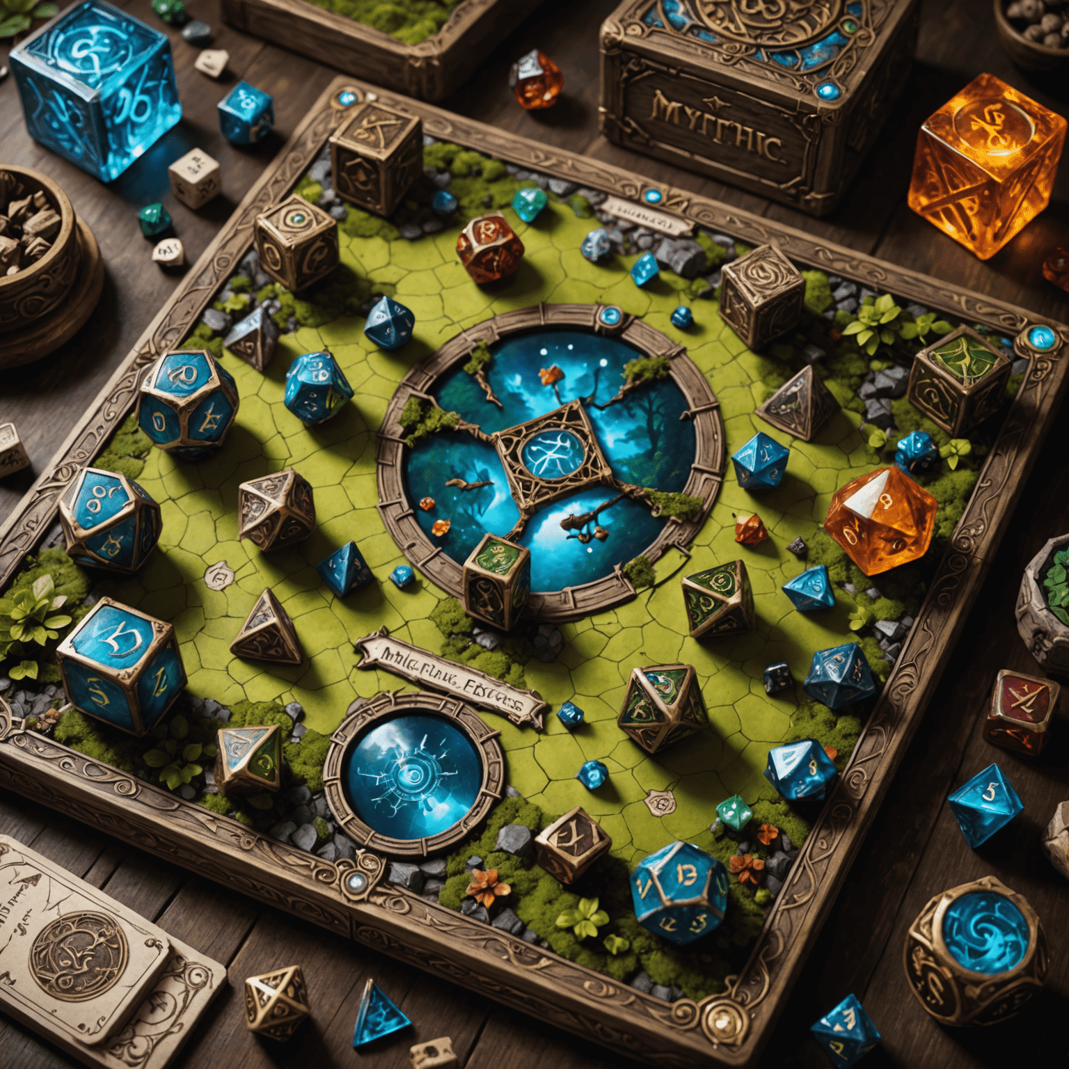 Mythic Legends game components including a modular board with fantasy landscapes, miniatures of mythological creatures, and ornate dice with rune-like symbols