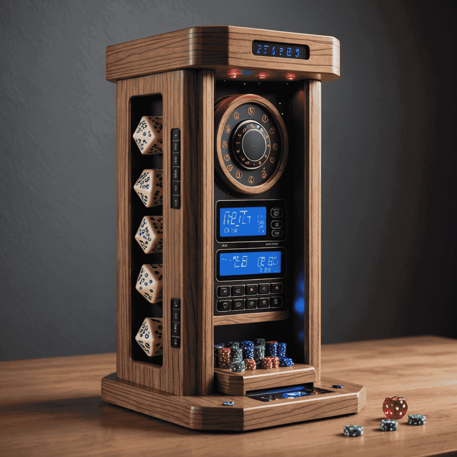 A futuristic electronic dice tower with LED lights, sound effects, and a digital display showing roll results