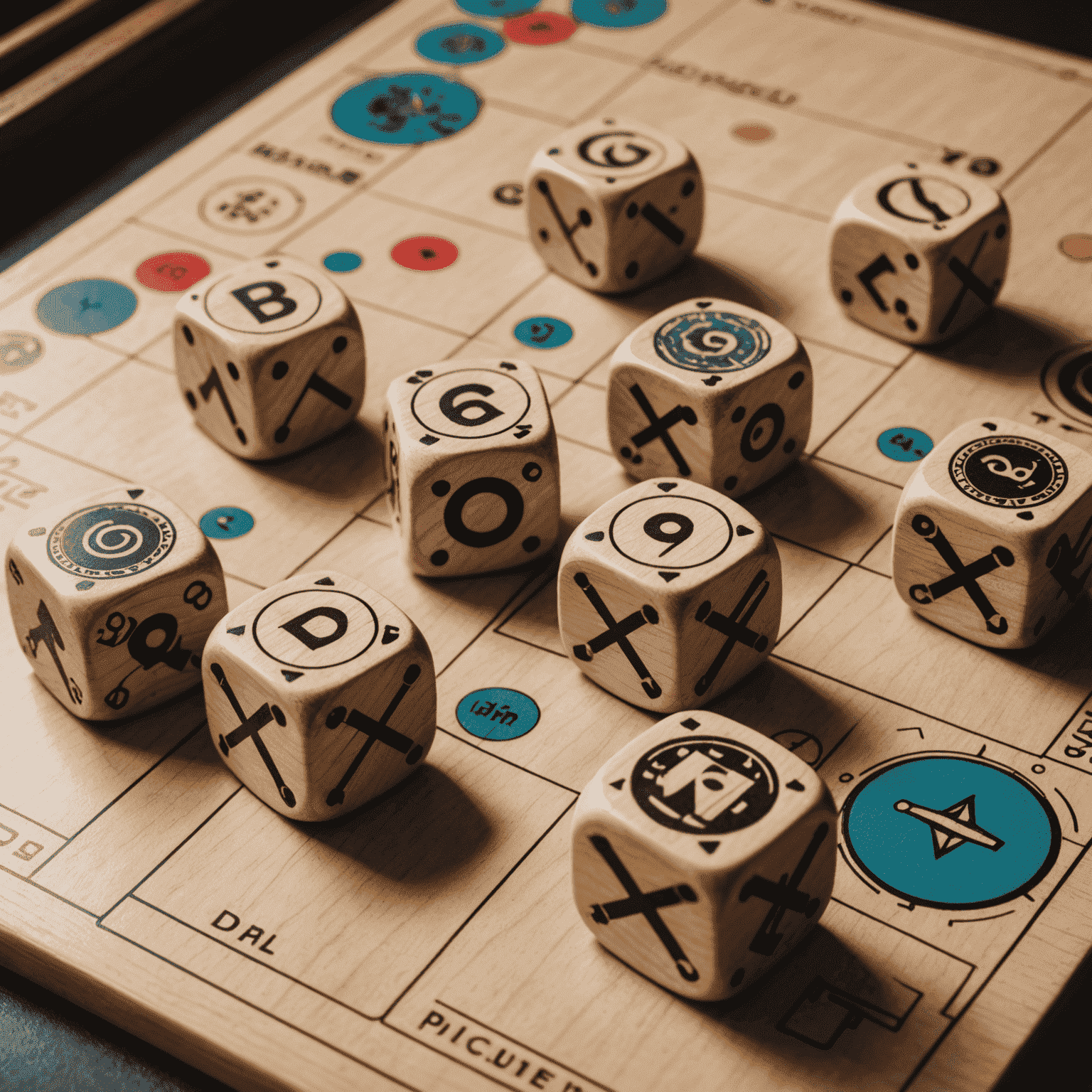 Close-up of unique custom dice with special symbols and a modern board game featuring an innovative dice placement mechanism