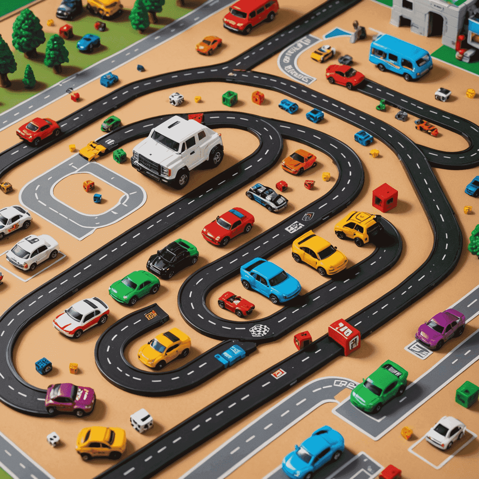 Micro Machines: Turbo Dice game set with a colorful racetrack board, tiny car miniatures, and custom dice featuring various car parts and speed boosts