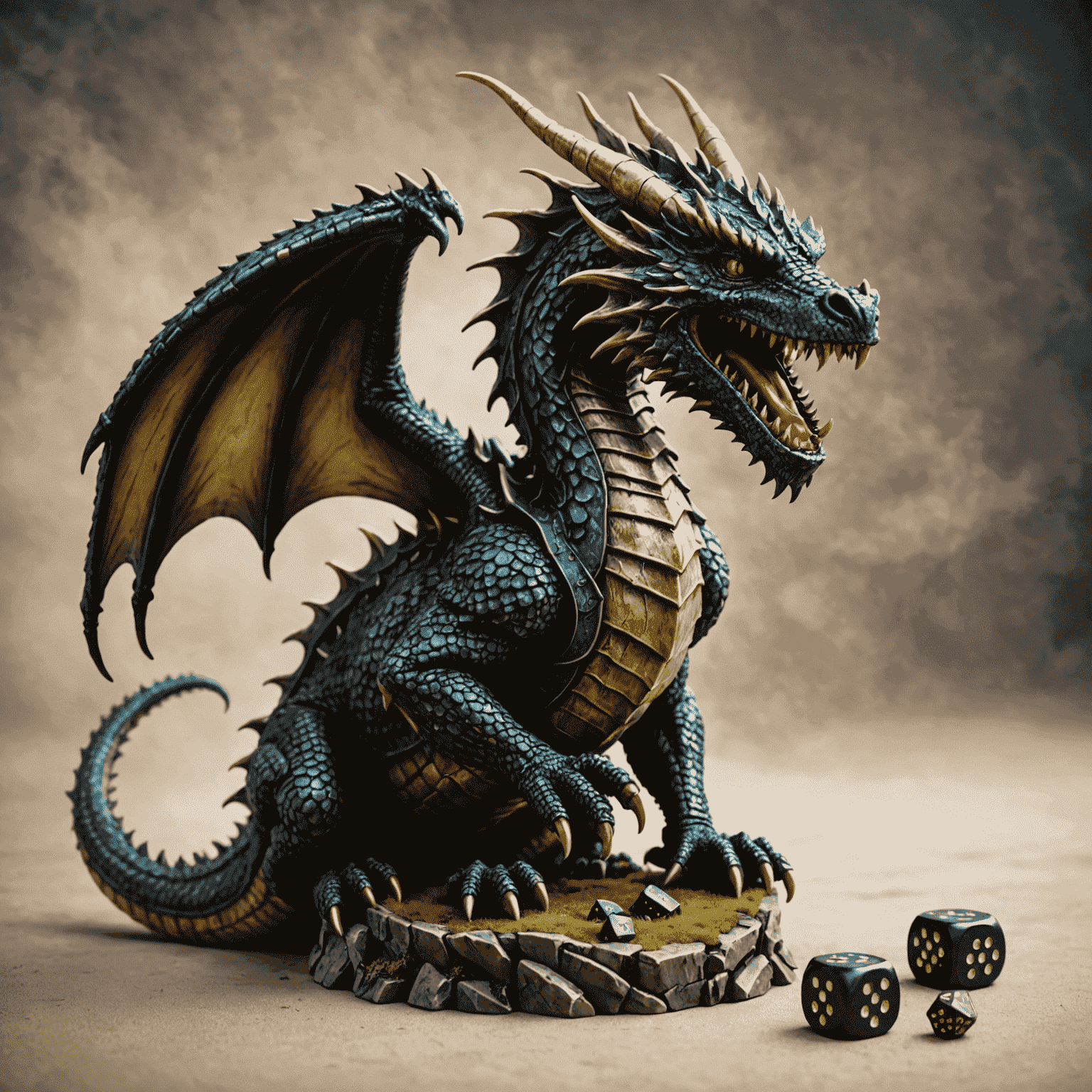 A dice tower shaped like a fearsome dragon, with dice entering through its mouth and exiting from its tail