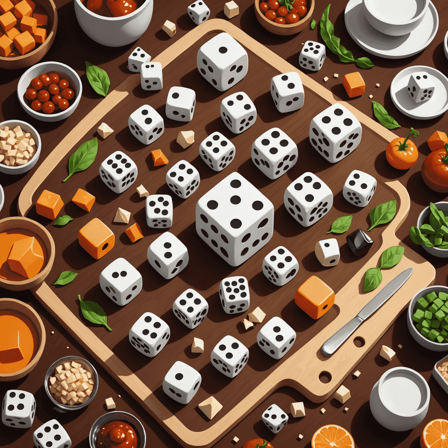 Culinary Dice game components including a kitchen-themed board, chef meeples, and special dice with food ingredients and cooking techniques