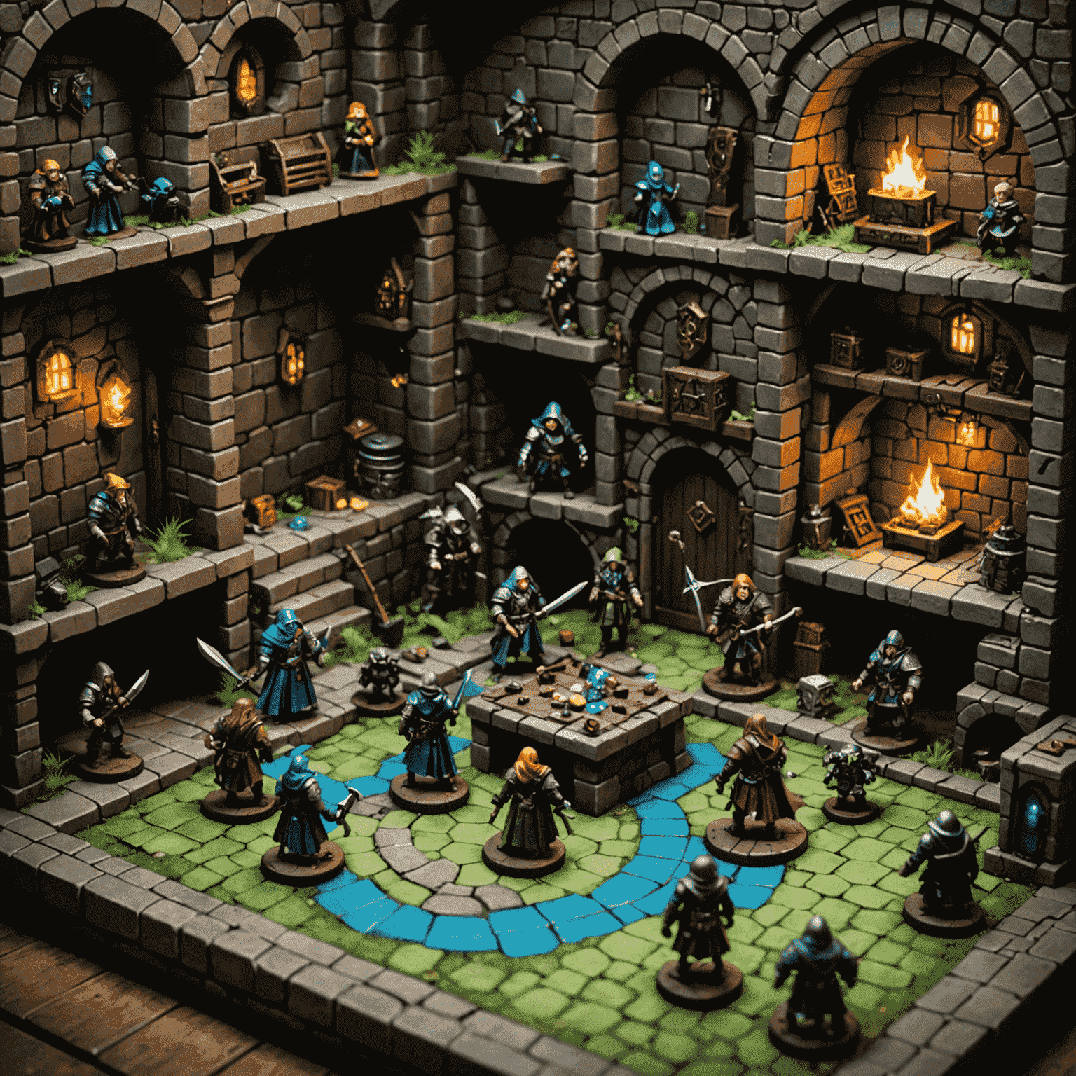 Dungeon Delvers game setup with a 3D dungeon board, detailed hero miniatures, monster figurines, and custom dice featuring weapons and magical effects