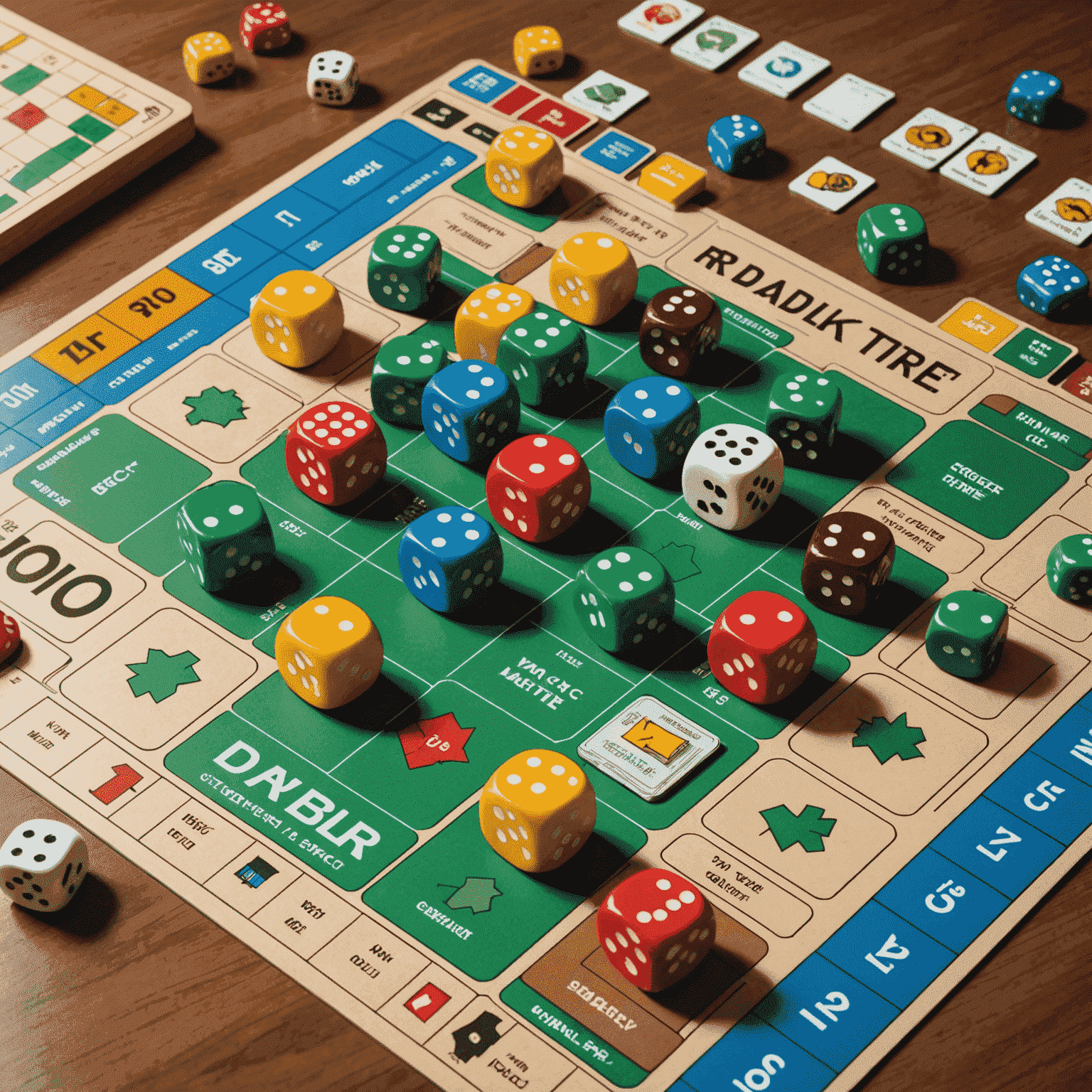 Stock Market Rollers game board resembling a stock exchange floor, with company cards, trader meeples, and dice showing various financial symbols and market trends