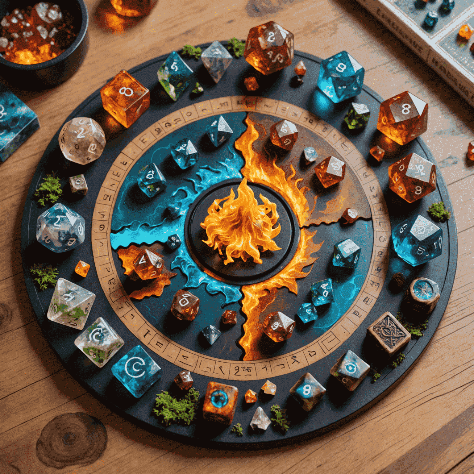 Elemental Chaos game components featuring a circular board divided into elemental realms, wizard miniatures, and translucent dice representing different elements (fire, water, earth, air)
