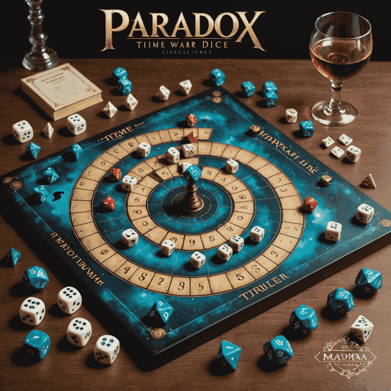 Time Warp: Paradox Dice game setup with a spiral-shaped timeline board, time traveler miniatures, and unique dice featuring historical events and temporal anomalies